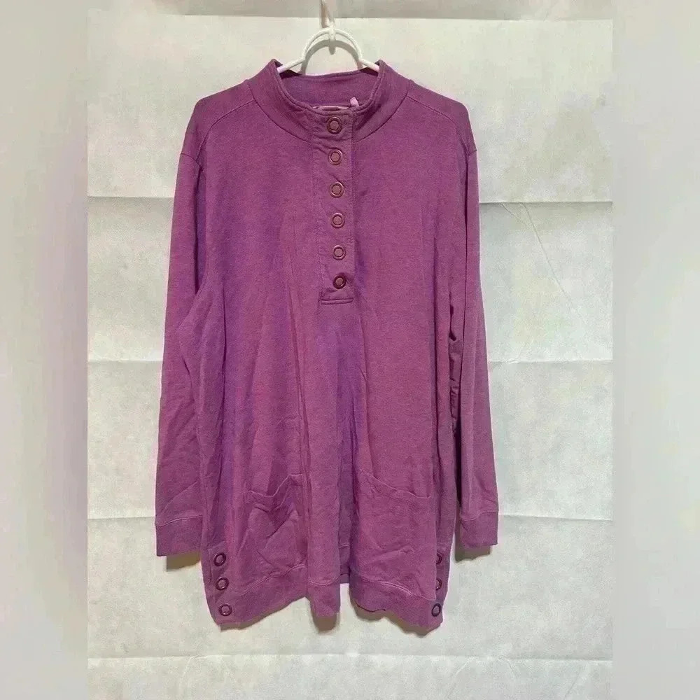 Soft Surroundings 2X Lakshmi Top Tunic Purple Snaps Pockets Long Side Slit EUC